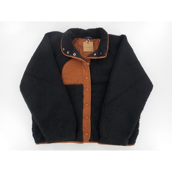 Blu Pepper Jackets & Blazers - Blu Pepper Fleece Jacket Women L Black NWT Teddy Sherpa Snap Front Contrast Trim